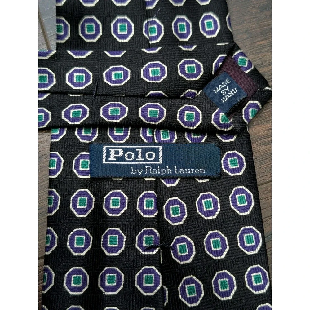 Vintage Polo Ralph Lauren Mens Silk Jacquard Tie Hand Made USA Geometric Foulard